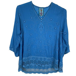 Johnny Was The Charming Embroidered Tunic Top Size XS Turquoise Eyelet Boho Chic